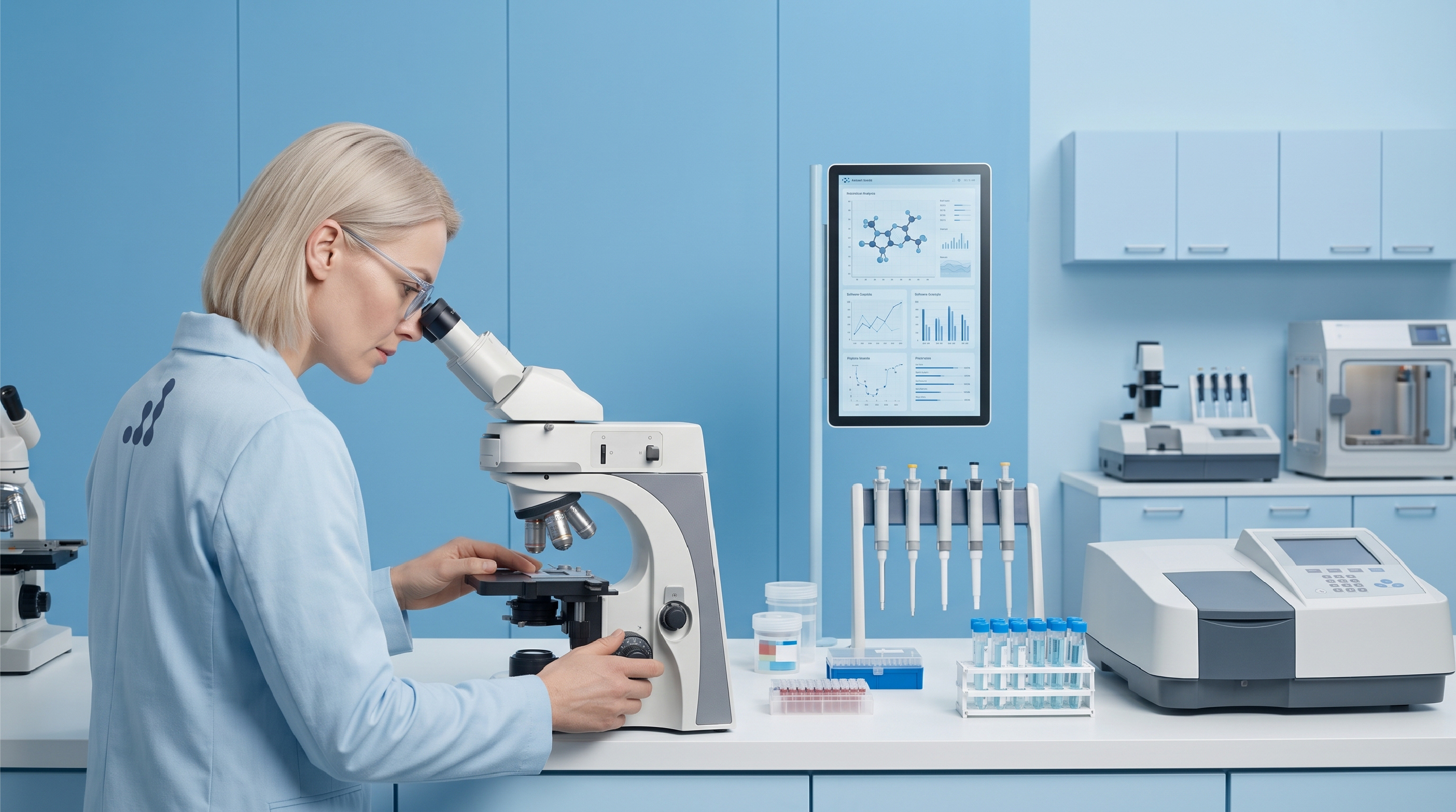 A Zetamatrix scientist examining a sample through a microscope in a light laboratory