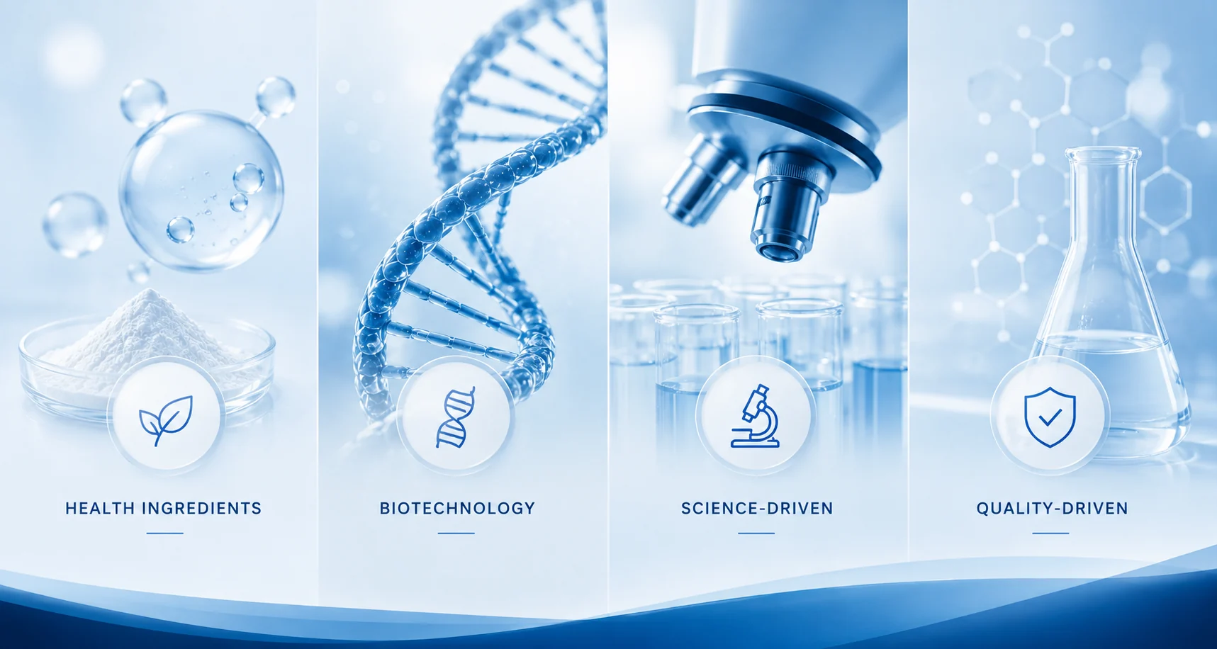 Health ingredients, biotechnology, science and quality presented as one company platform.