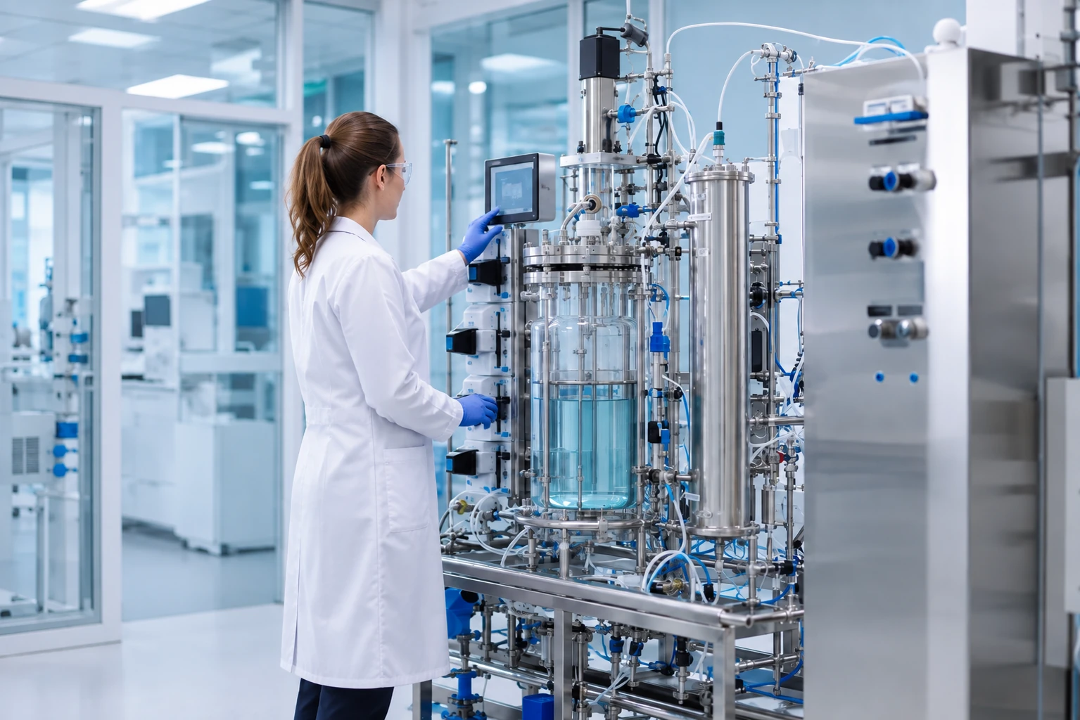 A controlled pilot process being reviewed in a modern biotechnology environment